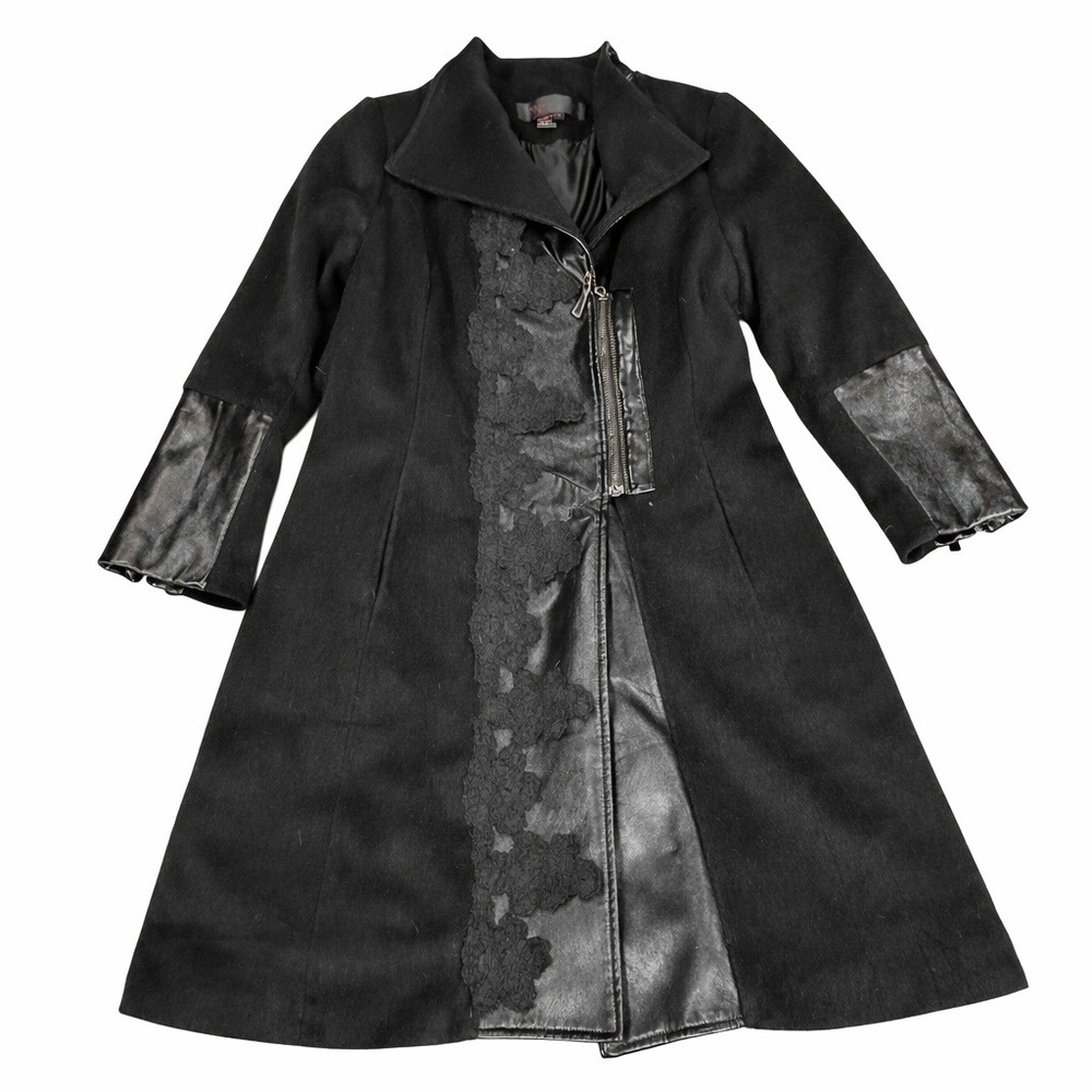 Simon Chang Leather Wool Long Coat Womens 8‎  Asymmetrical Zip Statement Design